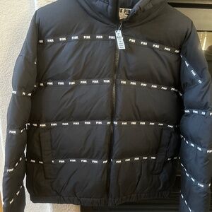 PINK black and white puffer jacket